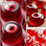 Red Jello Shot Recipe Halloween Eyeball Edition 5 Red Jello shots with eyeball candy centers arranged as Halloween party food