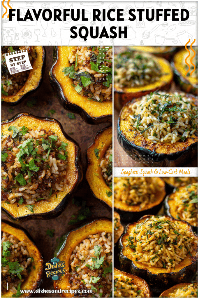 Golden roasted acorn squash halves filled with aromatic rice and herbs for a simple yet elegant fall dinner recipe.