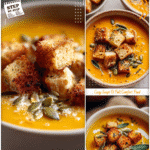 Roasted Butternut Squash Soup with Croutons 5 A bowl of roasted butternut squash soup topped with croutons and roasted squash seeds.