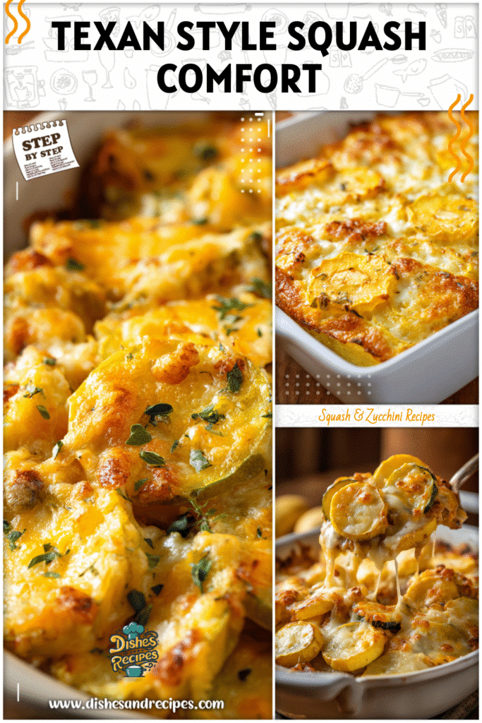 Home 12 San Antonio squash casserole with melted cheese and tender yellow squash slices served hot.