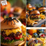 Savory Halloween Spider Burger on Cutting Board with Fries 5 Spider-shaped burger with golden fries on a cutting board surrounded by festive Halloween decorations.