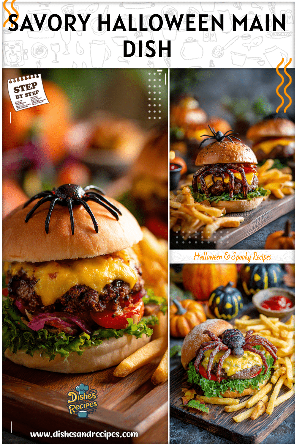 Savory Halloween Spider Burger on Cutting Board with Fries 2 Savory Halloween Spider Burger on Cutting Board with Fries