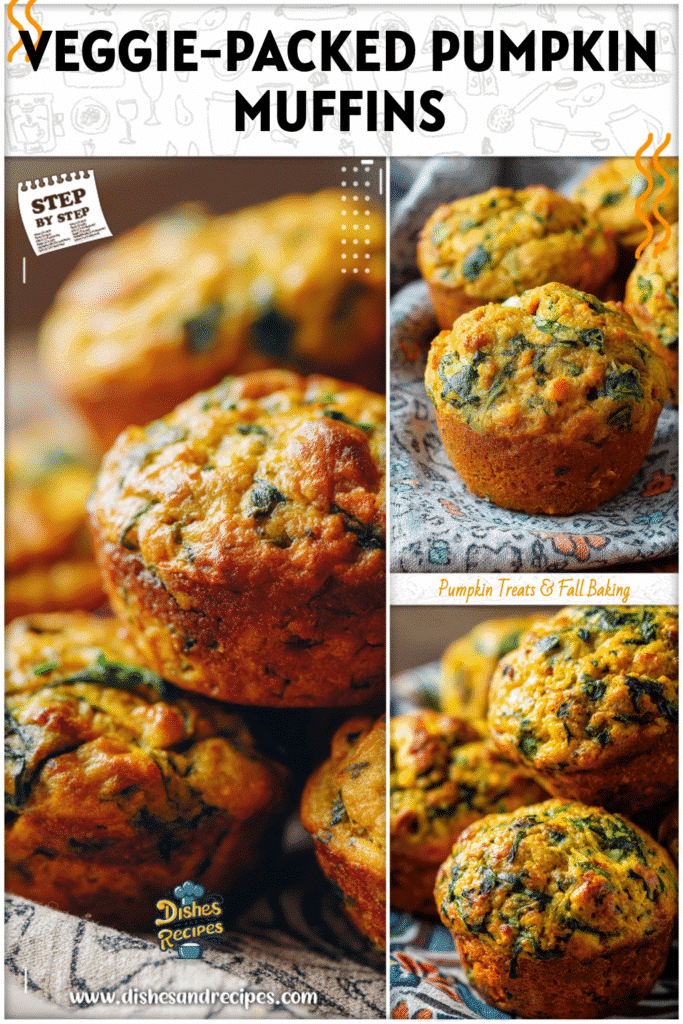 Golden pumpkin spinach muffins baked with Greek yogurt shown on a patterned napkin.