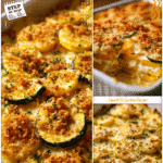 Golden scalloped squash casserole layered with cheese and crispy topping baked in a rectangular dish.