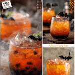 Signature Halloween Cocktails: Create the Drunk Witch 5 Orange and black layered cocktail with a bat stirrer, perfect as a signature Halloween cocktail.
