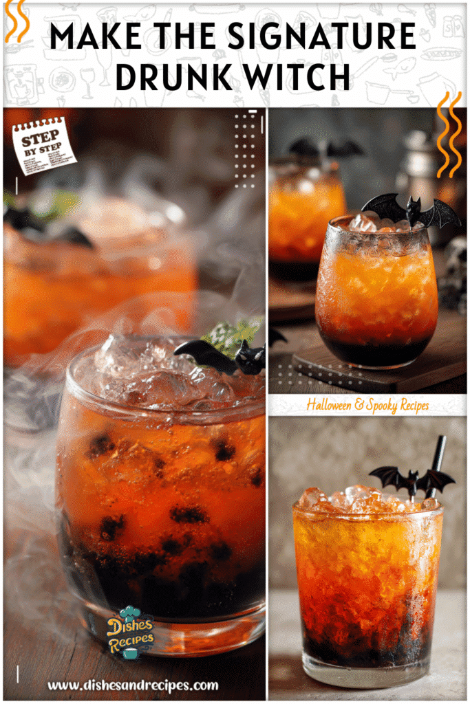 Orange and black layered cocktail with a bat stirrer, perfect as a signature Halloween cocktail.