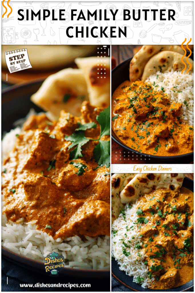 Colorful plate of Easy Butter Chicken Simple with rice and naan great for Easy Family Dinner Ideas Kid Friendly.