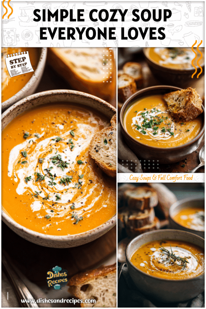 Home 31 A bowl of butternut soup recipe styled with a drizzle of cream and rustic bread