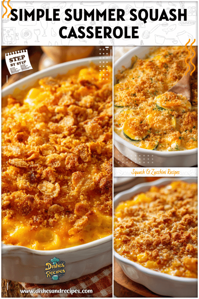 Oven baked squash casserole topped with golden breadcrumbs served on a wooden table