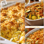 Summer squash and zucchini casserole served with golden crisp topping in a white baking dish.
