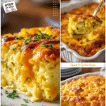 Southern Cheesy Squash Casserole with Golden Topping 5 Southern style casserole of squash with golden cheese crust served hot for dinner.