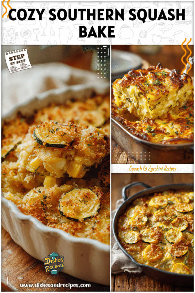 Closeup of golden crusted Southern squash casserole served in a cast iron dish on a farmhouse table.