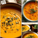 Spicy Butternut Squash & Sweet Potato Soup Recipe 5 A bowl of spicy butternut squash and sweet potato soup garnished with herbs for Healthy Squash Soup inspiration