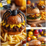 Spider Burger with Fries and Spooky Halloween Decor 5 A spider-shaped Halloween burger with fries on a cutting board surrounded by decorative fake eggs and festive items.