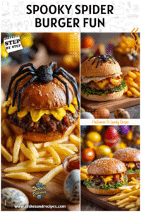 A spider-shaped Halloween burger with fries on a cutting board surrounded by decorative fake eggs and festive items.