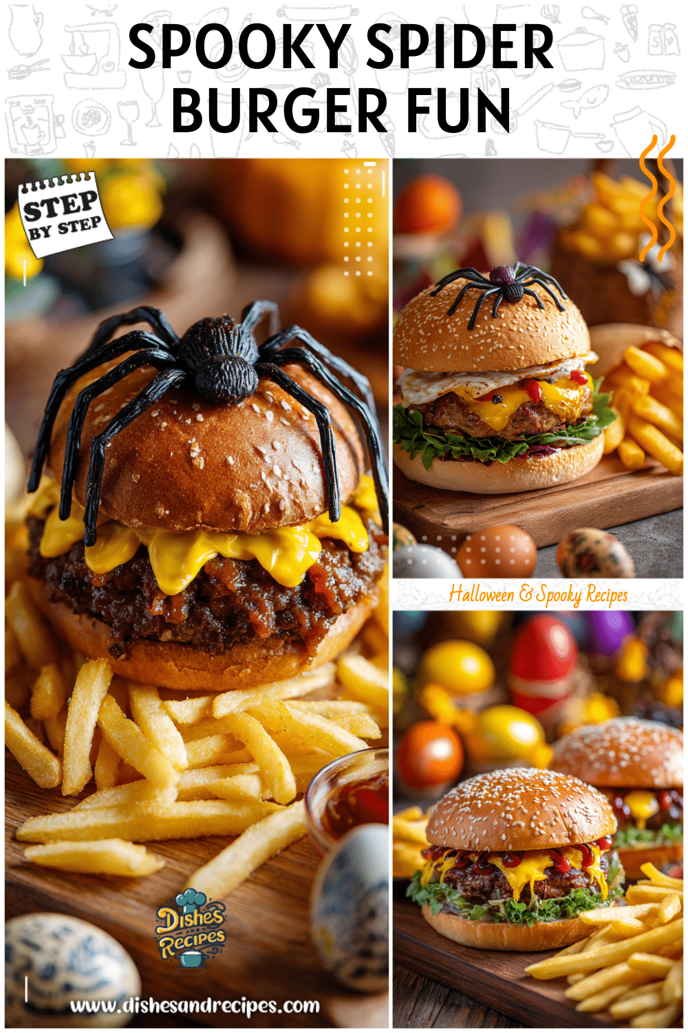 Spider Burger with Fries and Spooky Halloween Decor 2 Spider Burger with Fries and Spooky Halloween Decor