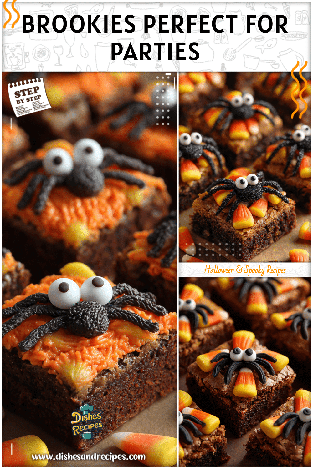 Tray of Halloween brookies with frosting spiders and candy corn for Halloween parties food
