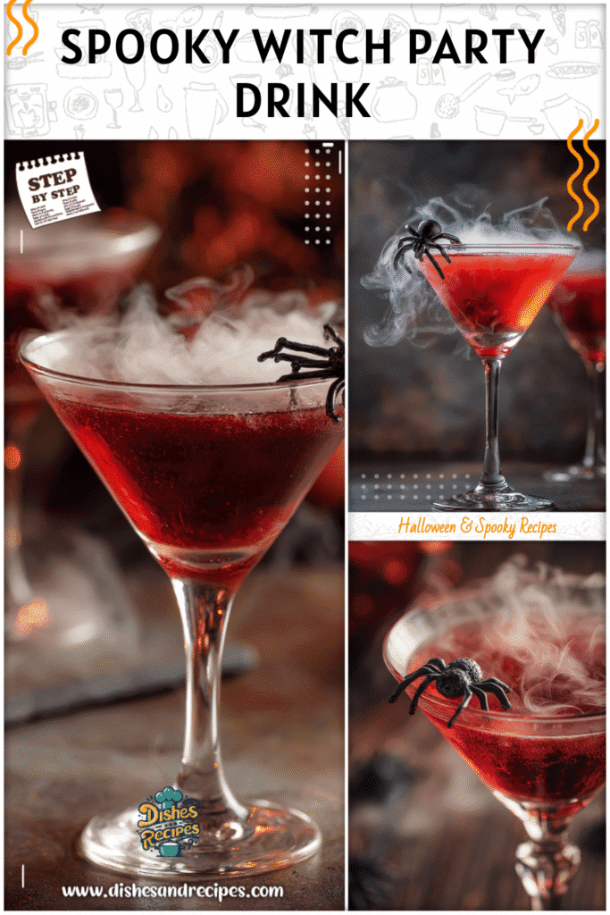 Home 36 A blood-red spooky adult drink in a martini glass with fake spider garnish and smoky dry ice effect.