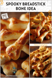 Home 4 Halloween bread shaped into bone-like breadsticks with cheese served as spooky appetizers for Halloween.