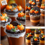 Spooky Fall Dirt Cups Recipe For School Parties 5 Clear cups with layers of chocolate pudding, cookie crumbs, and candy pumpkins as Halloween school party food.