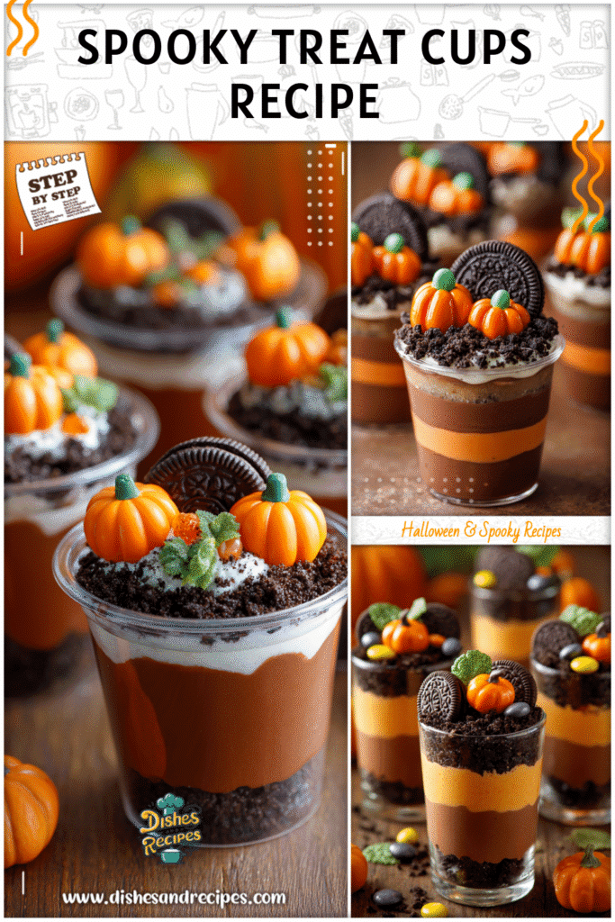 Home 31 Clear cups with layers of chocolate pudding, cookie crumbs, and candy pumpkins as Halloween school party food.