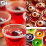 Spooky Halloween Jell-O Shots Eyeball Treats 5 Transparent cups filled with Halloween Jell-O shots decorated as eyeballs