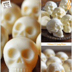 Spooky Mozzarella Skulls for Quick Halloween Appetizers 5 Small mozzarella skull appetizers served on a platter for Halloween party food