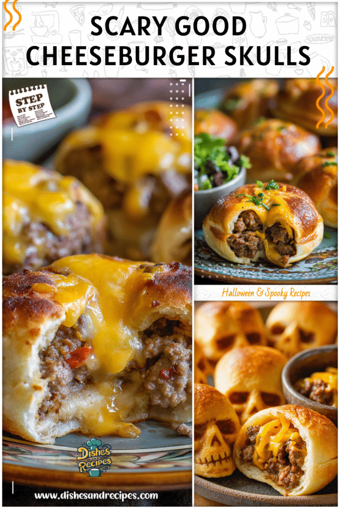 Cheeseburger skulls with melted cheese filling served as spooky season treats on a festive plate