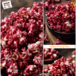 Spooky Vampire-Style Red Velvet Popcorn Treat 5 Vampire-inspired red velvet popcorn served in a black dish as a spooky popcorn Halloween snack.