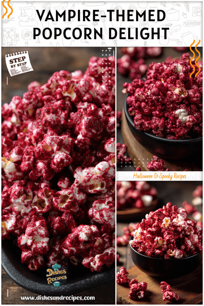 Vampire-inspired red velvet popcorn served in a black dish as a spooky popcorn Halloween snack.