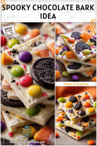 Colorful white chocolate bark with Oreos and candy for Easy Halloween Goodies and parties.