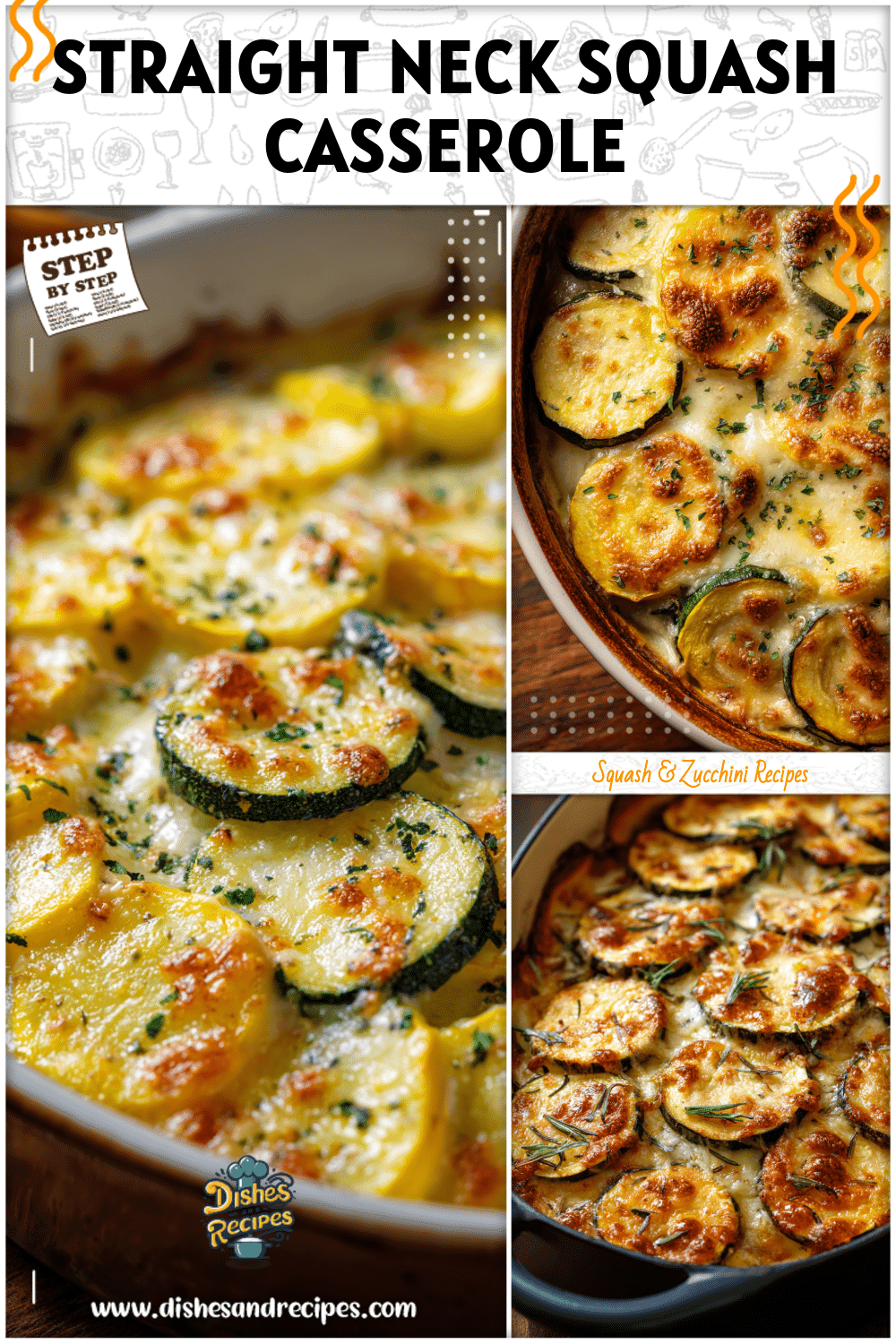 Cheesy baked casserole made with straight neck squash slices in a cast iron dish