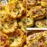 Straight Neck Squash With Parmesan Bake 5 Baked straight neck yellow squash slices covered with melted parmesan cheese.