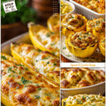 Stuffed Yellow Squash Boats and Casserole Combo 5 Stuffed yellow squash boats served with a cheesy baked squash casserole on the side