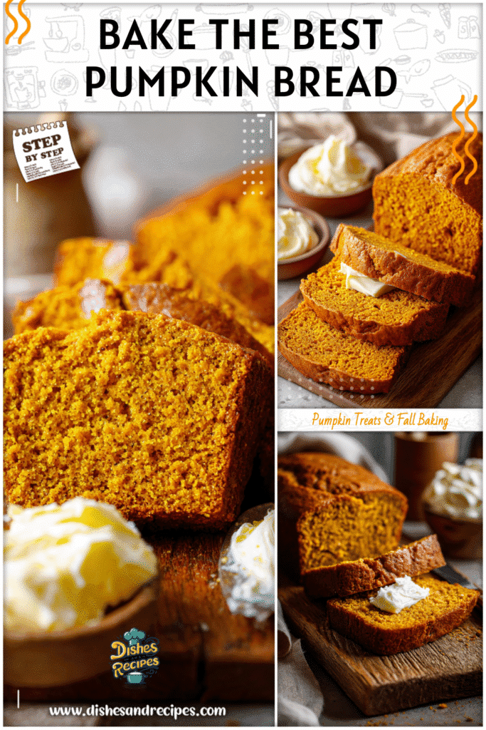 Golden loaf of super moist pumpkin bread sliced on a wooden board with butter spread beside it