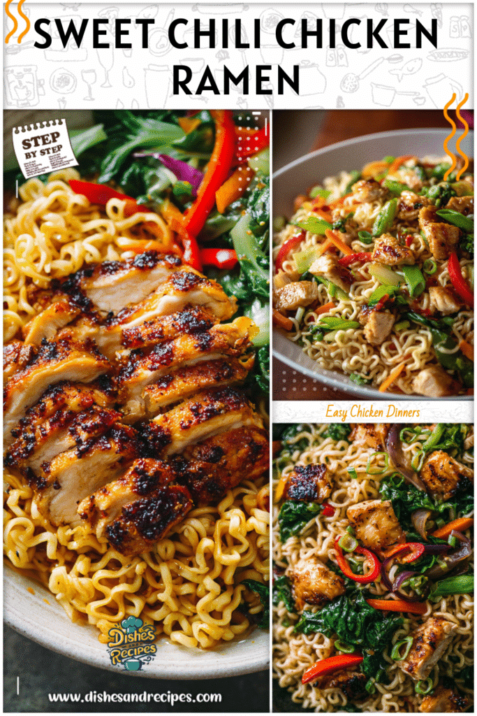 Sweet chili chicken served on a plate with healthy Roman noodles and colorful vegetables.