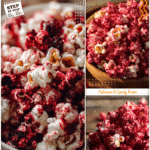Sweet & Eerie Halloween Popcorn Flavors: Bloody Red Velvet 5 A bowl of sweet red velvet popcorn sprinkled with spooky Halloween popcorn decorations.