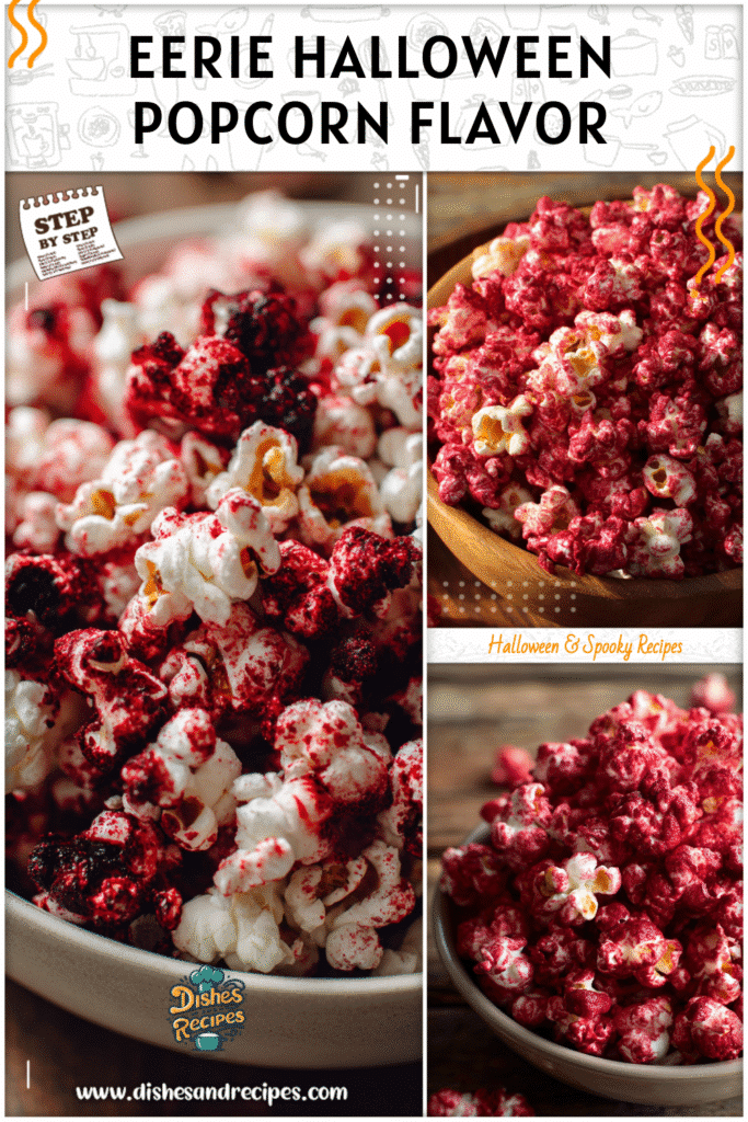 Home 18 A bowl of sweet red velvet popcorn sprinkled with spooky Halloween popcorn decorations.