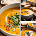 A steaming bowl of the best butternut squash soup with bread slices on the side