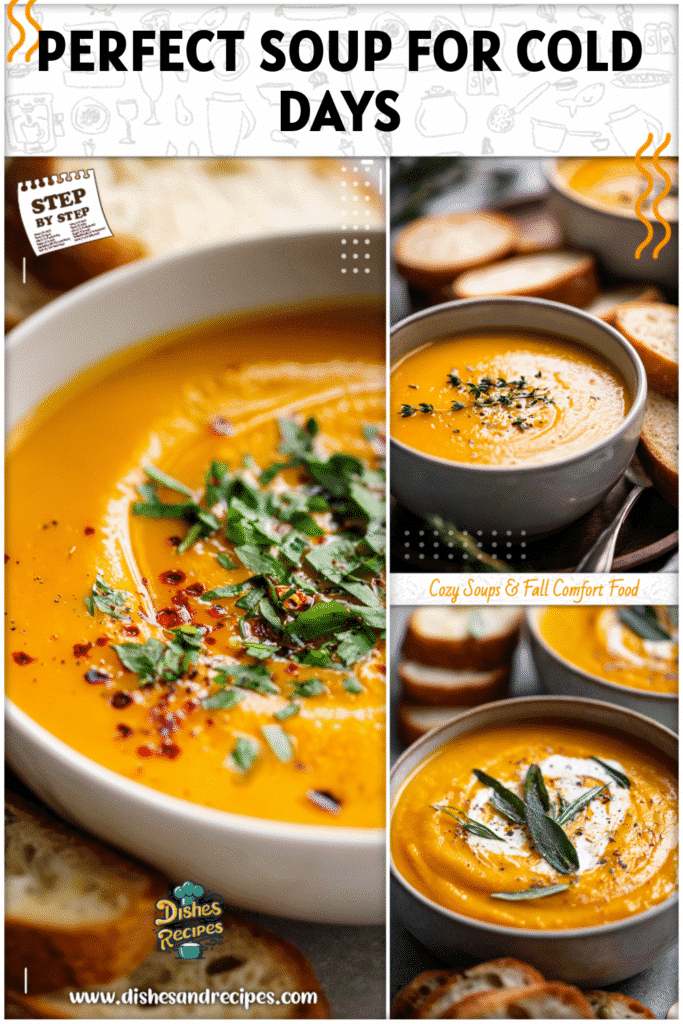 A steaming bowl of the best butternut squash soup with bread slices on the side