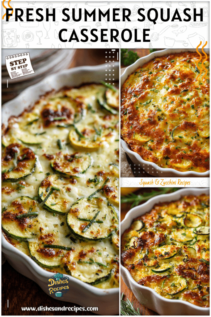 Golden baked zucchini squash casserole topped with melted cheese and herbs on a casserole kitchen table.