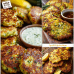 Things To Do With Yellow Squash: Try Parmesan Fritters 5 Golden yellow squash fritters arranged on a rustic wooden board with dipping sauce.