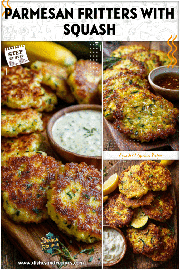 Home 34 Golden yellow squash fritters arranged on a rustic wooden board with dipping sauce.