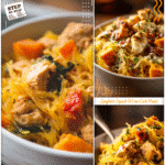 Tuscan Chicken and Sweet Potato Spaghetti Squash 5 Bowl of Tuscan chicken with spaghetti squash and sweet potato chunks for a colorful dish