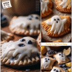 Mini ghost shaped vegan blueberry hand pies with lemon icing on a fall themed baking table