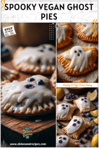 Mini ghost shaped vegan blueberry hand pies with lemon icing on a fall themed baking table