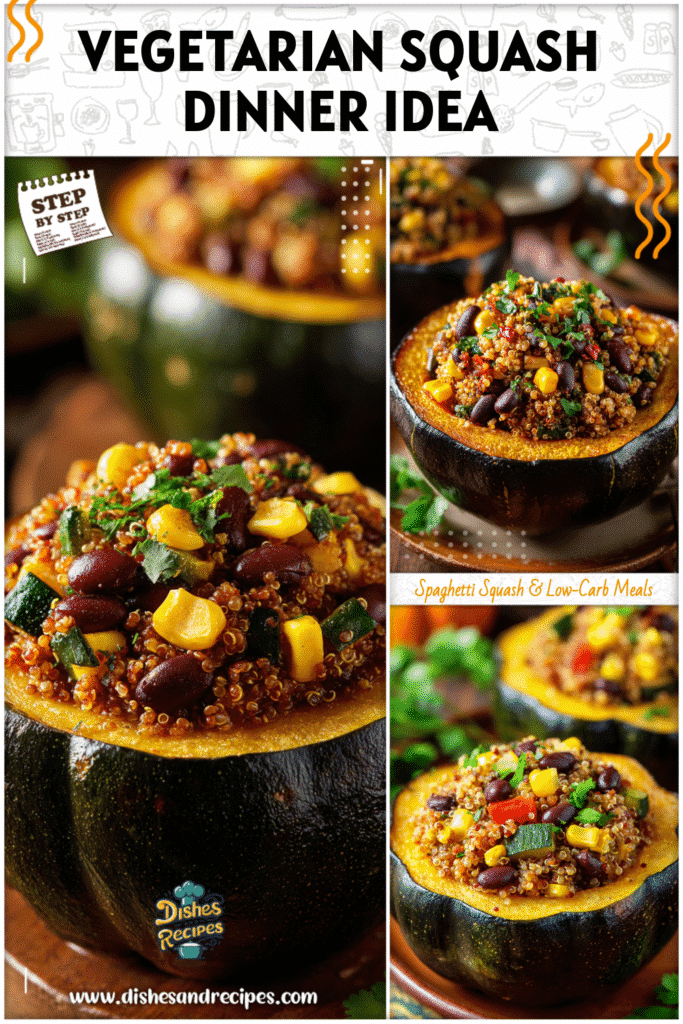 Home 33 Vegetarian Southwest stuffed acorn squash filled with quinoa, beans, corn, and herbs displayed on a fall-themed table.