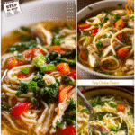 Warm and Comforting Roman Soup with Chicken & Noodles 5 Bowl of Roman soup with chicken, noodles, and vegetables in a clear broth.