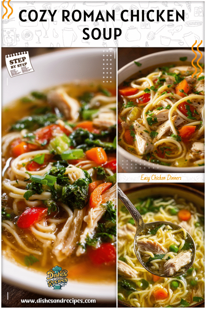 Home 10 Bowl of Roman soup with chicken, noodles, and vegetables in a clear broth.