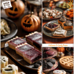 Wednesday Themed Food & Creepy Halloween Bites 5 Plates of Wednesday Themed Food and Spooky Pie styled for a Halloween tea table.